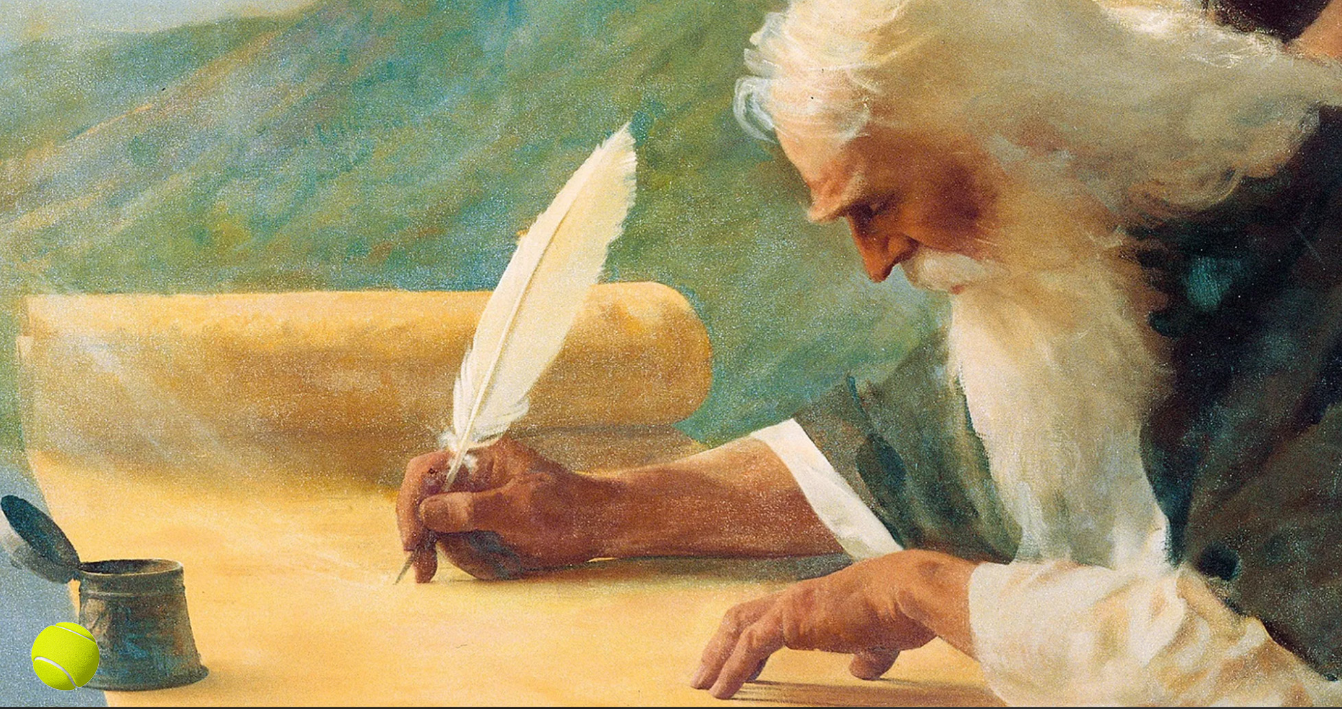 An elderly man writing with a quill on parchment.
