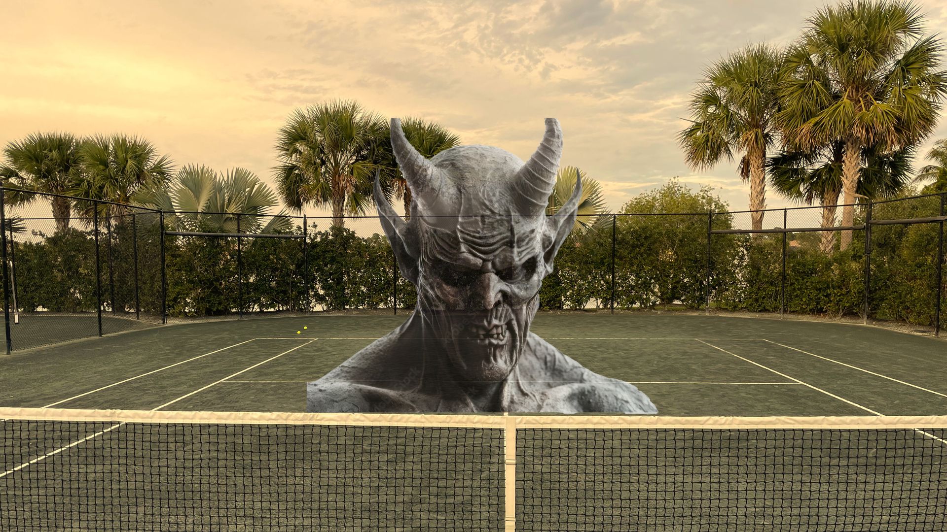 Photocomposition of devil on tennis court