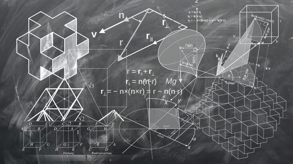 Complex mathematical formulas and geometric shapes on a chalkboard.