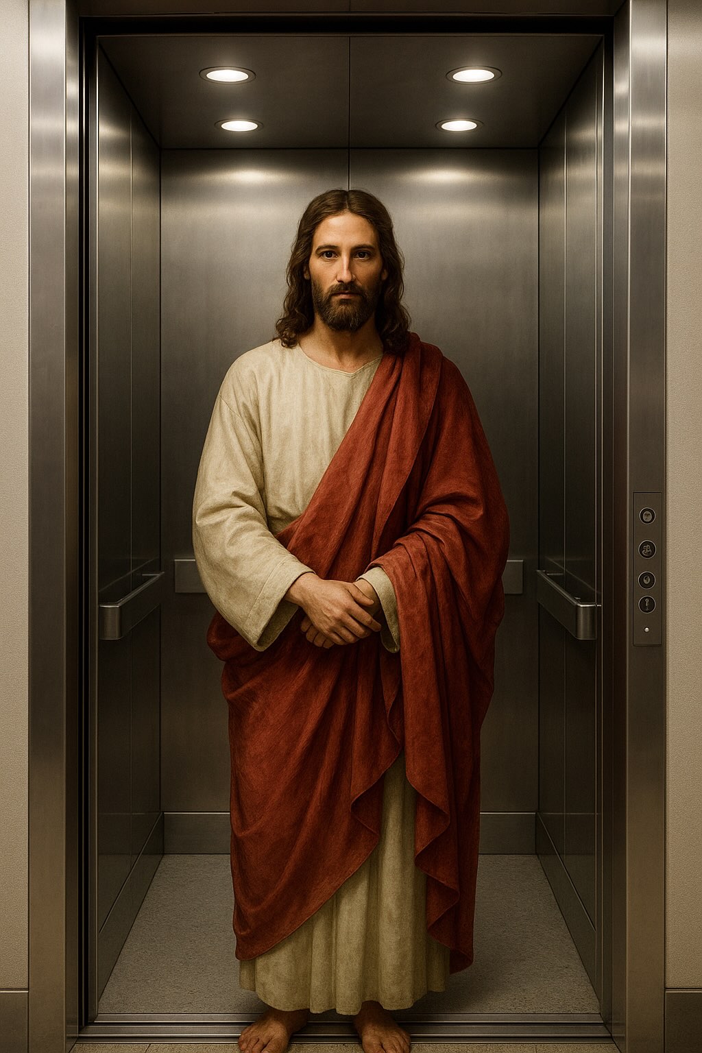 A man dressed as Jesus stands in an elevator.