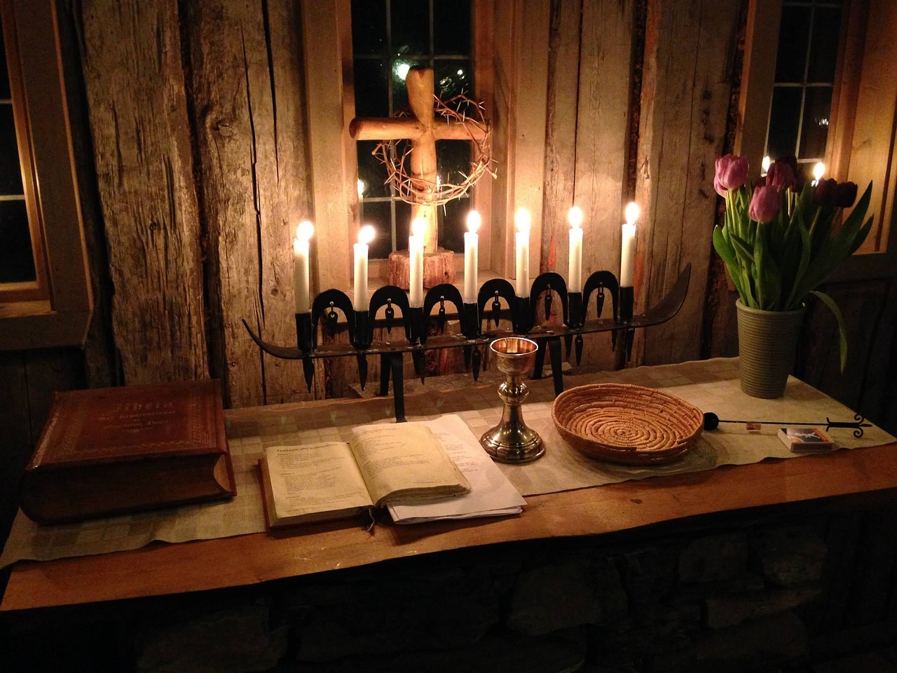 Cup of salvation-bread of life Photo of candlelit altar awaiting wine and bread