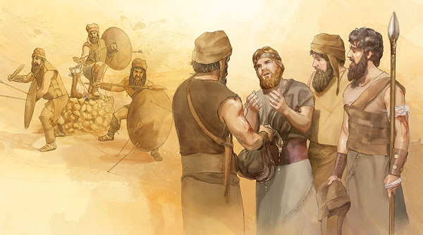 Artwork of David with 3 warriors receiving water from the well at Bethlehem
