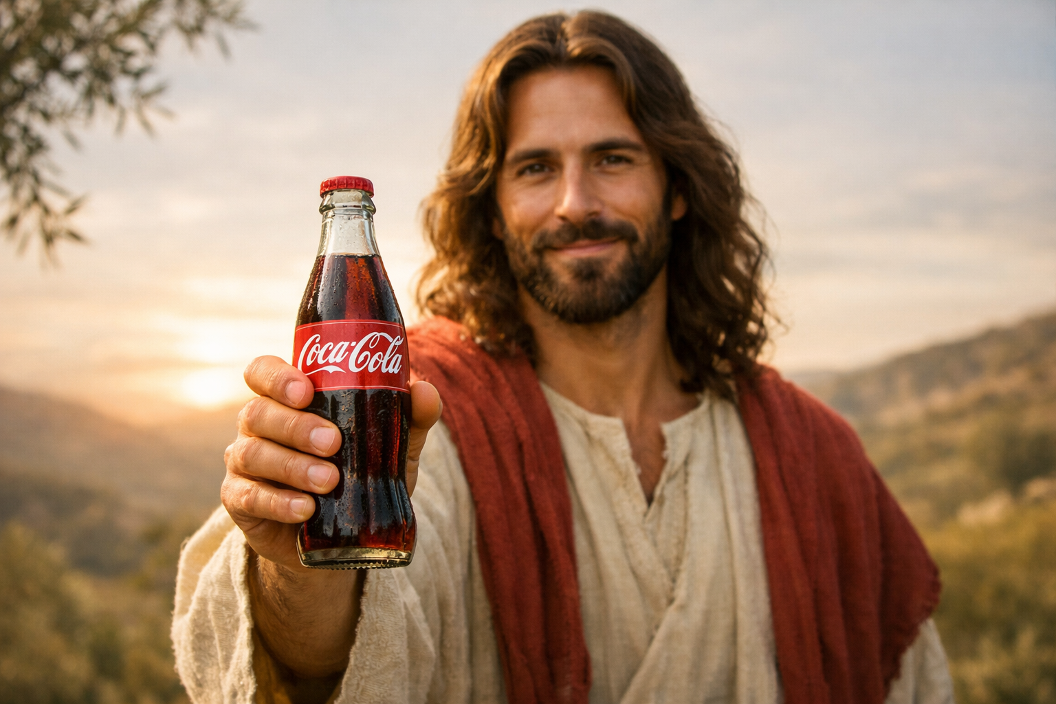 Christ holding Coke Image of Christ holding a bottle of Coca-Cola