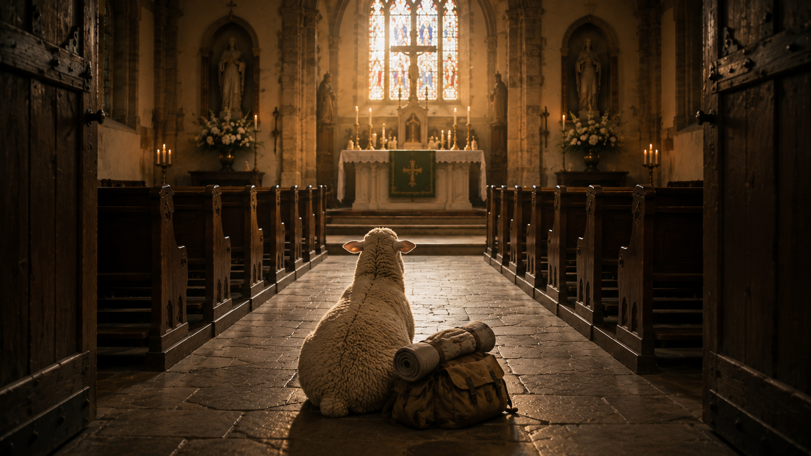 sheep in church A lost sheep carrying the baggage of life wanders into a church to find a place to unburden itself.