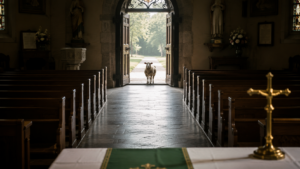 sheep looking into church